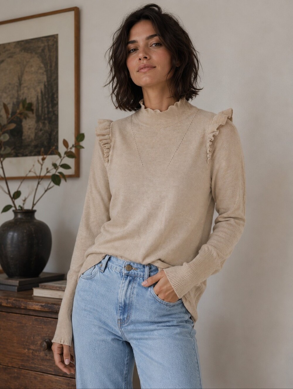 Melissa Nepton Ruffle Shoulder Mock Neck Sweater Beige Size P/S